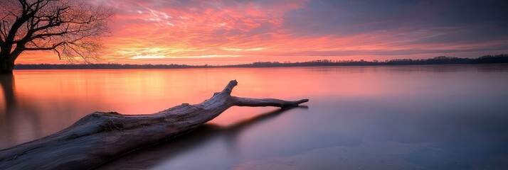 Wall Mural -  A tree, submerged in water, frames a sunset backdrop, with a solitary branch breaking the surface