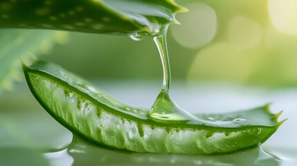 Close-up of fresh aloe vera leaf with gel extract. Natural skincare and healing properties in a green, organic background.