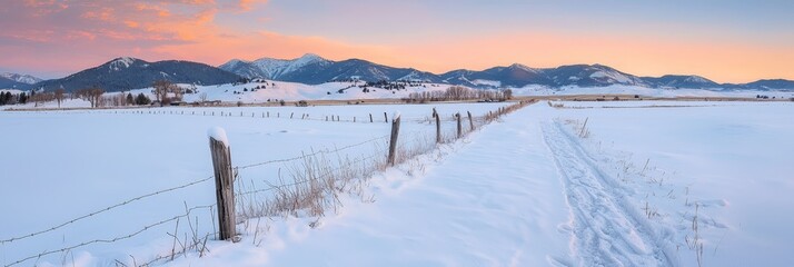 Wall Mural -  A pink sky backs mountains in the distance; a fence stands mid-field against a snowy landscape