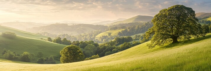 Wall Mural -  A painting of a lush green hillside featuring a solitary tree in the foreground and a distant mountain range in the background