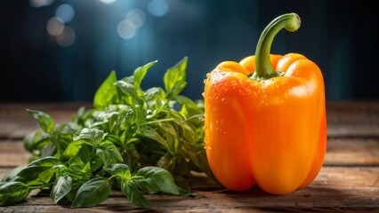 Promotional photo of bell pepper, on a rustic wooden table surrounded by fresh greenery.