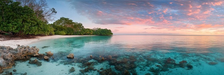  A beach with rocks in the water and trees on its opposite shore