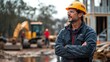 © Morng - Construction worker observing a building site, wearing safety gear with an excavator in the background. Focused on structural development.