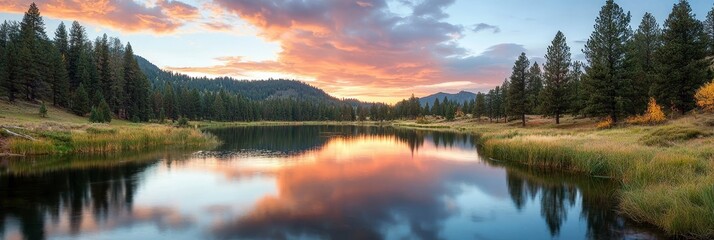 Wall Mural -  A forested shoreline encompasses a tranquil lake Cloud-studded sky above, with trees scattered beyond