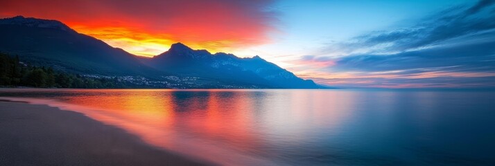 Wall Mural -  A stunning sunset mirrors on a tranquil mountain lake, its orange and red hues casting reflections; clouds paint the sky above