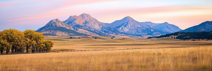  A grassy field with a few trees in the foreground and a distant mountain range