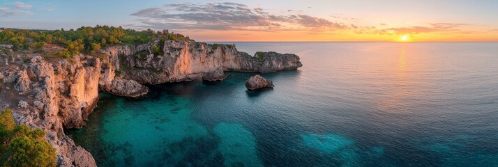 Wall Mural -  A large body of water adjacent to a rocky cliff, where trees crown its summit, and a sunset backdrops the scene