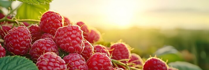 Wall Mural -  A tight shot of raspberry cluster against a backdrop of sun-filtered foliage