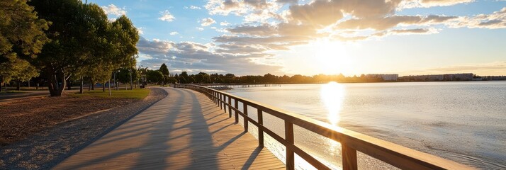 Wall Mural -  The sun sets over a tranquil body of water, its long wooden jetty reaching towards the shore