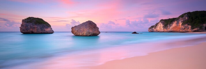  A beach with two large rocks jutting from the water, framing a pink sunset overhead