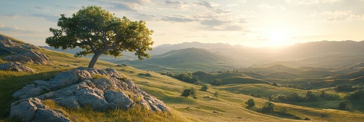 Wall Mural -  A solitary tree atop a verdant hill, adjacent to a rocky incline Mountains loom in the backdrop