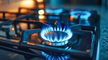 Blue flames flicker and swirl from a gas burner, illuminating the polished countertop in a contemporary kitchen, creating a vibrant and inviting atmosphere