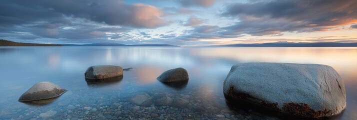 Wall Mural -  A cluster of stones nestled in a water expanse, beneath a murky sky dotted with clouds, distant mountains looming