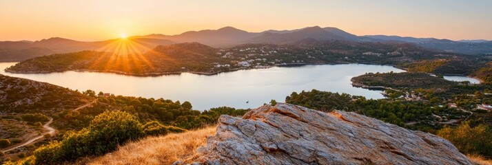 Wall Mural -  In a mountainside tableau, the sun sets over a sizeable lake, its reflection shimmering in the foreground