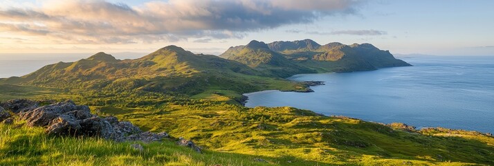 Wall Mural -  A large body of water sits next to a lush, green hillside The hillside is covered in thick, verdant grass The scene is under a cloudy sky