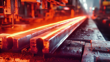 Wall Mural - Glowing red steel beams align on a rolling mill, highlighting the raw power and artistry of metal processing in a steel plant