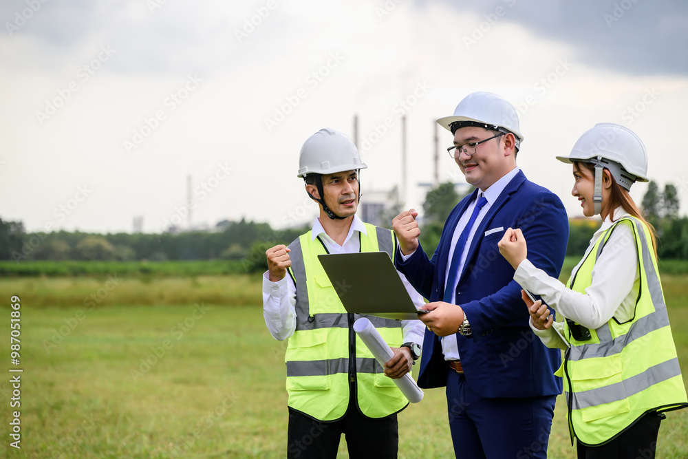 Three engineers, wearing helmets and reflective vests, celebrate a ...
