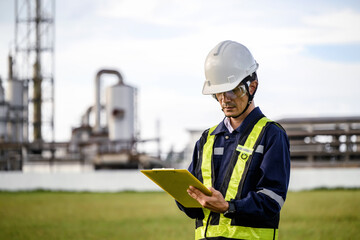 An engineer wearing a safety helmet and reflective vest reviews a clipboard while standing in front of an industrial site. Machinery and pipes are visible in the background.