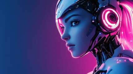 Wall Mural - Futuristic woman in a helmet with pink and blue lighting.