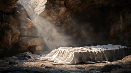 An empty tomb with burial cloths left behind, capturing the spiritual essence of Christ resurrection.