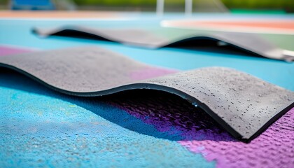 Wall Mural - Vibrant blue and purple soft rubber texture of a sports playground cover designed for workout safety and durability