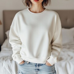 Young woman in white sweatshirt mockup. Sitting female model in blank white long sleeve shirt, front view desing template. Women casual apparel, clothing, outfit mock up