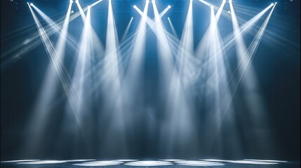Aufkleber - Stage lighting beams, Empty concert stage with illuminated spotlights and smoke.