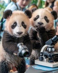 Two baby pandas curiously look into a microscope. AI.