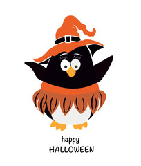 Cute Halloween Penguin Vector Illustration. Halloween Witch