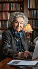 Canvas Print - Thoughtful senior woman working on her laptop in a home library. AI.