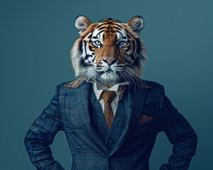 Poster - A tiger wearing a suit. AI.