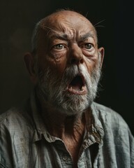 Poster - A close-up portrait of an elderly man with a surprised expression. AI.