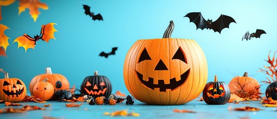 A festive Halloween scene with carved pumpkins, bats, and autumn leaves on a blue background.