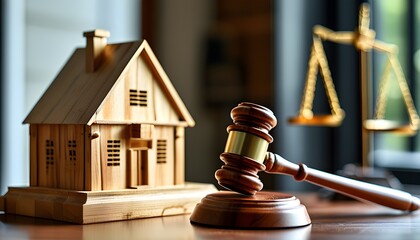 Wall Mural - Wooden house model with gavel and judges mallet symbolizing real estate law and legal proceedings related to homes