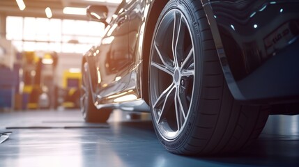 A car tire being replaced on a sleek modern car, showcasing the installation process with space for text.