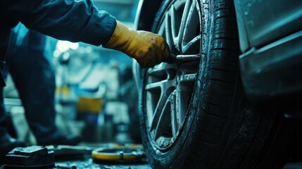 A car tire undergoing a detailed repair process, featuring a mechanic and necessary tools, with room for service-related text.