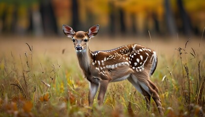 Wall Mural - Graceful fawn nestled among tall grass and autumn foliage, showcasing its spotted coat in a tranquil natural setting