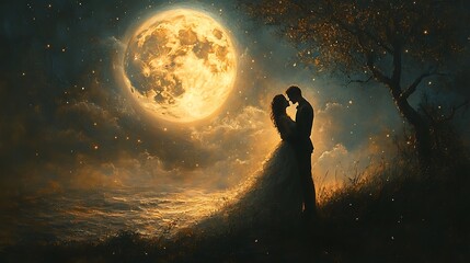 a couple embraces under a full moon, silhouetted against the night sky.