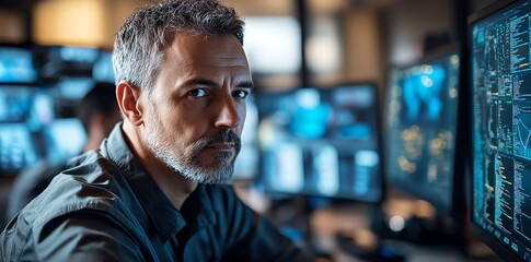 A focused man with a beard looking directly at the camera, in front of a computer screen with code on it.