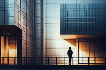 Silhouette di uomo in architettura moderna,  futurista, colorata. Concetto di idea di libertà, strategia, capacità e successo