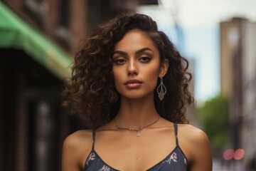 Poster - A woman with curly hair and a necklace is standing in front of a green awning