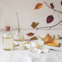 Canvas Print - Glass bottle of essential oil with white flower petals and autumn leaves on a white background.