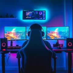 A person sits in a gaming chair wearing a headset, fully engaged in playing video games at home, surrounded by two monitors and speakers. The room is illuminated by a blue light from one monitor's LED