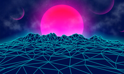 Wall Mural - Futuristic landscape with mountains and sunset. 80s retro neon concept. Vector illustration.