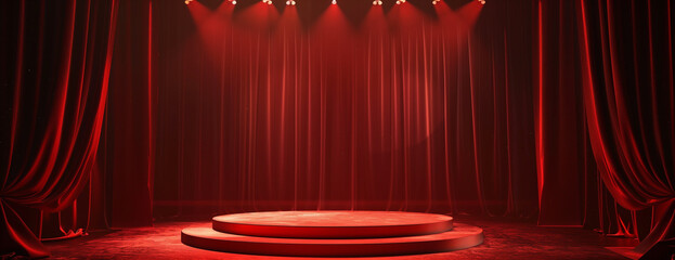 Stage podium background, red light, spotlight theater curtain