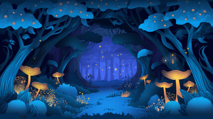 an illustration of an enchanted forest with glowing mushrooms and fireflies, paper cut style, vector art, flat design, blue background