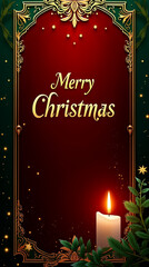 Wall Mural - A festive Merry Christmas banner showcases deep red and emerald green colors, highlighted by ornate gold designs and a glowing candle, evoking holiday cheer and warmth