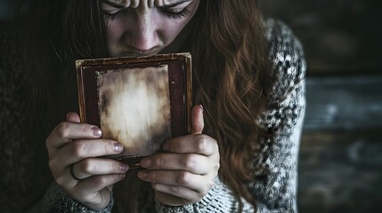 Grieving and sorrowful woman holding a faded worn photograph reminiscing about the past and the bittersweet memories it evokes  The image conveys a sense of profound loss emotional pain