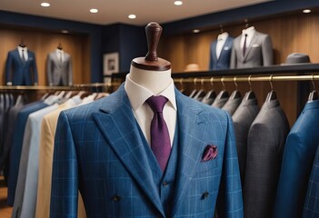 In a clothing store, a mannequin is displayed wearing a blue suit and tie