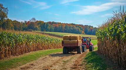 Red Tractor Hauling Hay Bales Through a Cornfield